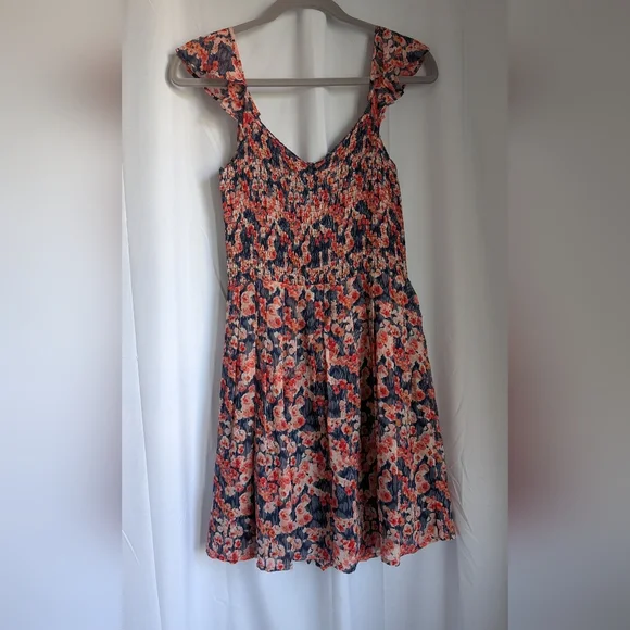 Joie Silk Floral Sleeveless Dress Navy & Pink 100% Silk Flutter Sleeve Pleated S - Picture 6 of 14